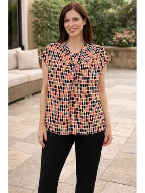 Worthington Women's Colorful Geometric Print Blouse Bright Career Chic Top, XL